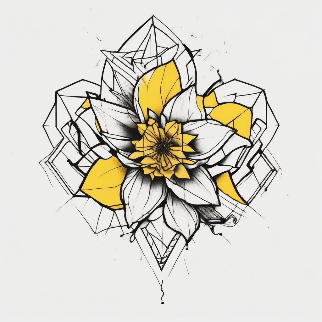 A minimalist flower tattoo that represents a shattered and betrayed gemini woman who fought hard throughout this year. With colors yellow and black. Make it unique and rare hello kitty tattoo, AI-generated Blackwork tattoo design